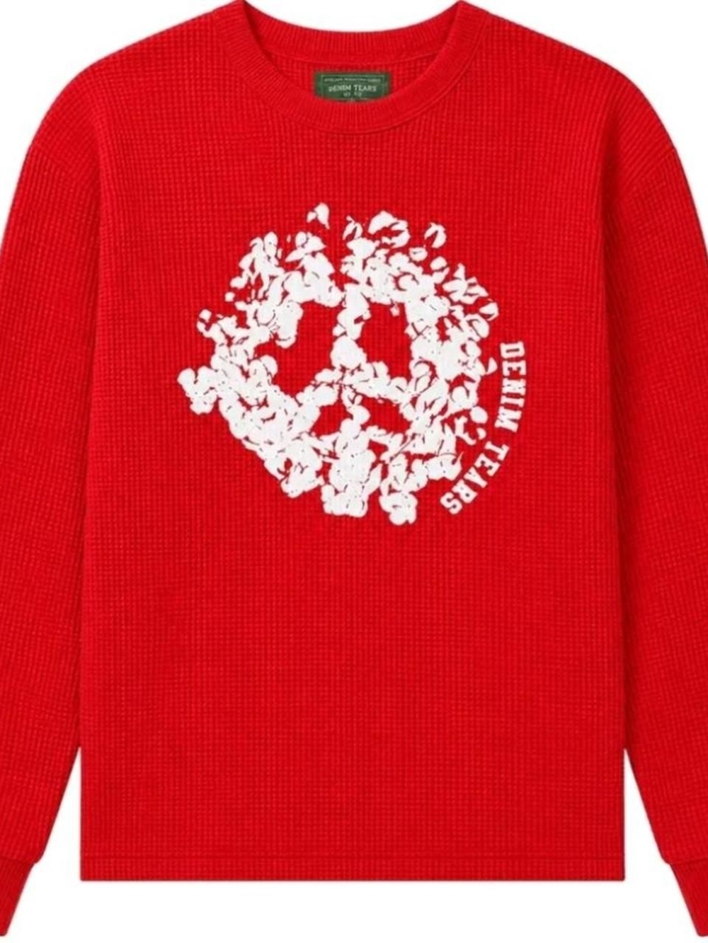 Denim Tears Red Waffle Knit Sweatshirt with White Floral Peace Graphic
